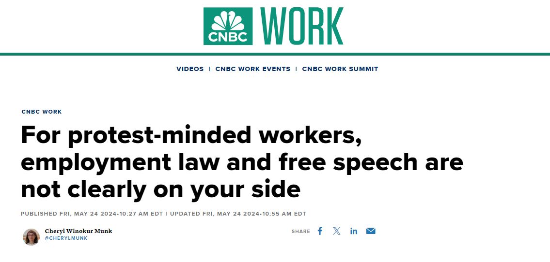 RPJ Partner Nicole Page Featured in CNBC Work Article “For Protest-Minded Workers, Employment Law and Free Speech Are Not Clearly on Your Side”