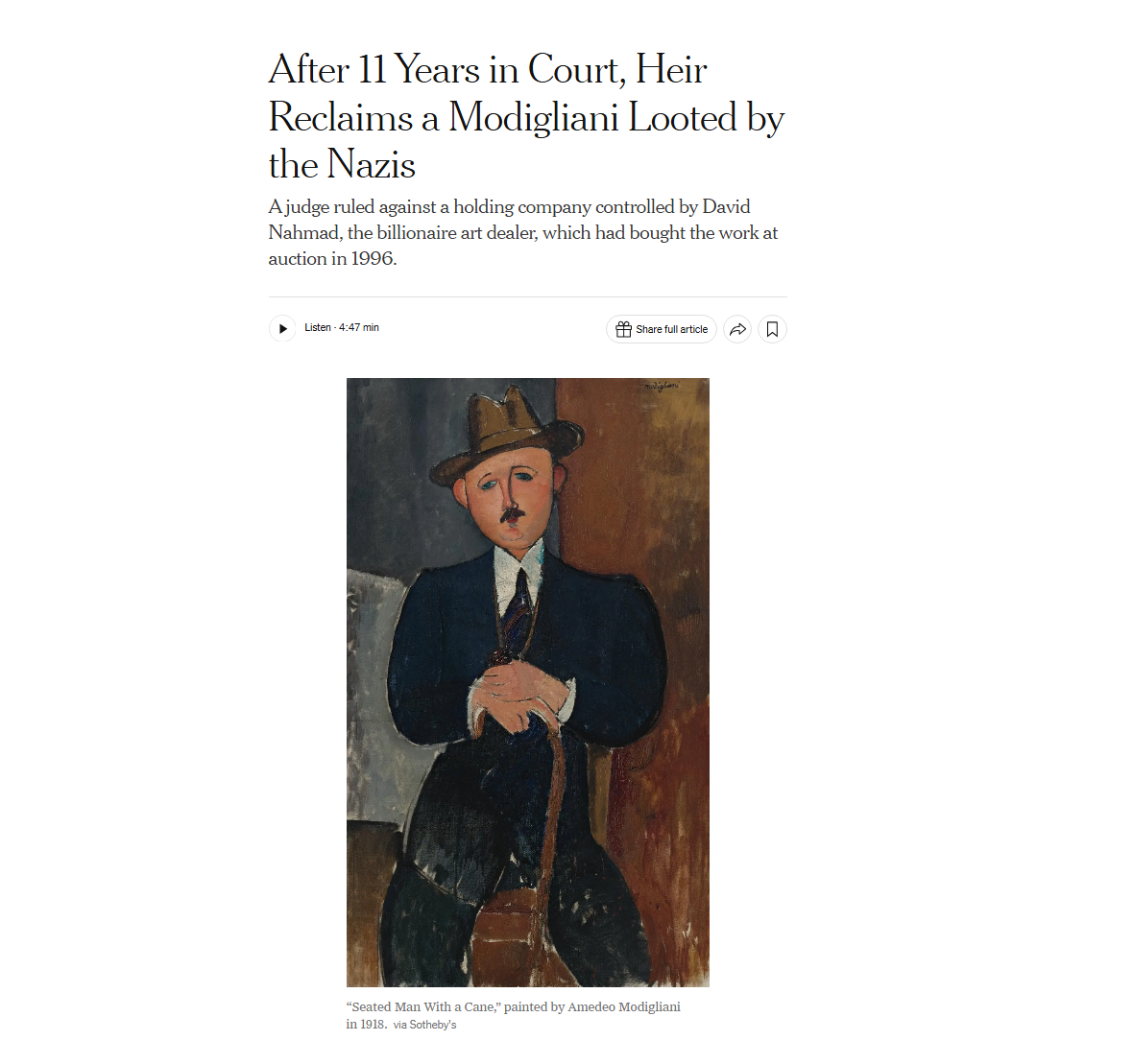 Heir Wins 11-Year Legal Battle to Reclaim Modigliani Stolen by Nazis