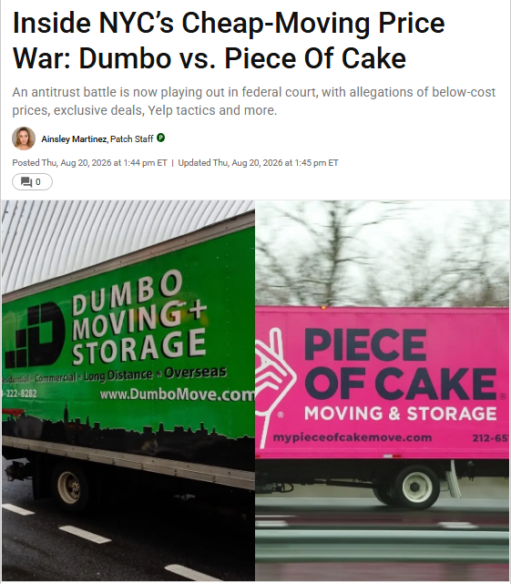 RPJ’s Gregory Feit Quoted in “Patch” on the Legal Antitrust Battle Between Dumbo and Piece of Cake Moving Companies